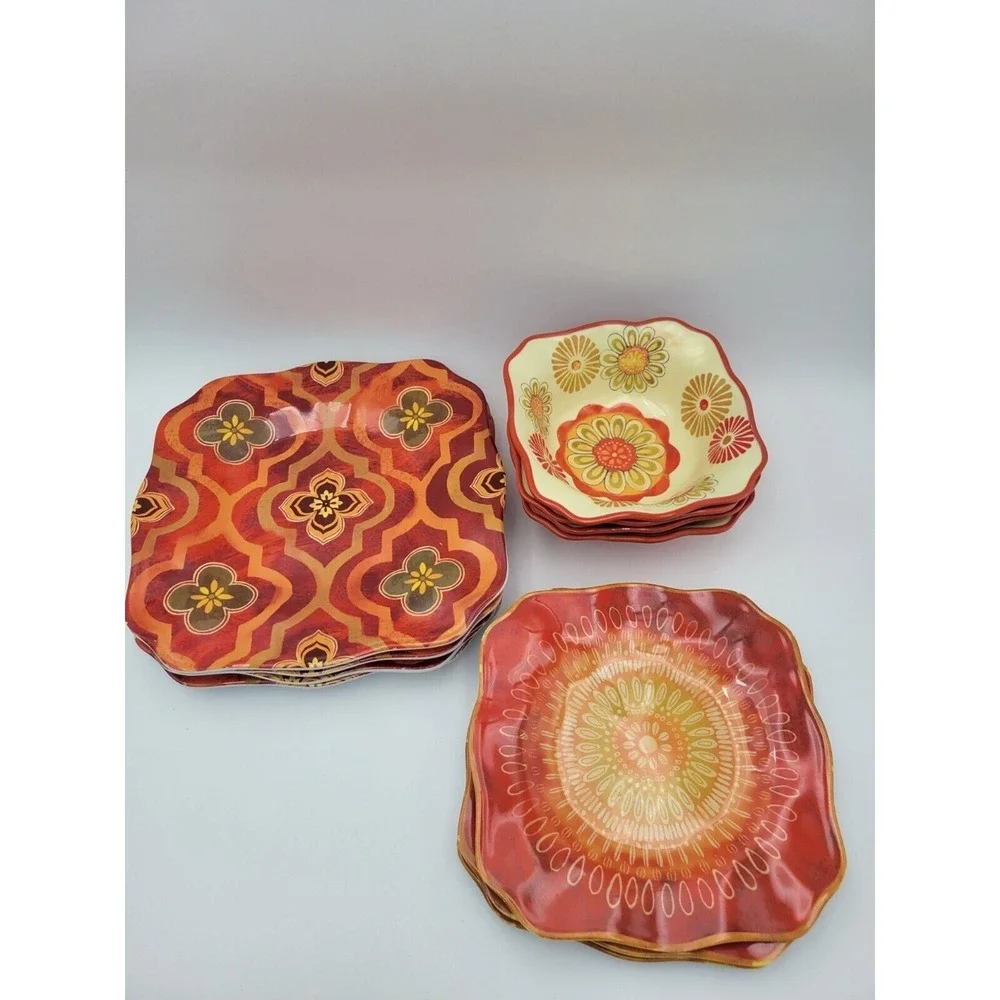 Cynthia Coulter‎ Melamine Dinnerware Set 11pc Orange Yellow Plates Bowls Outdoor